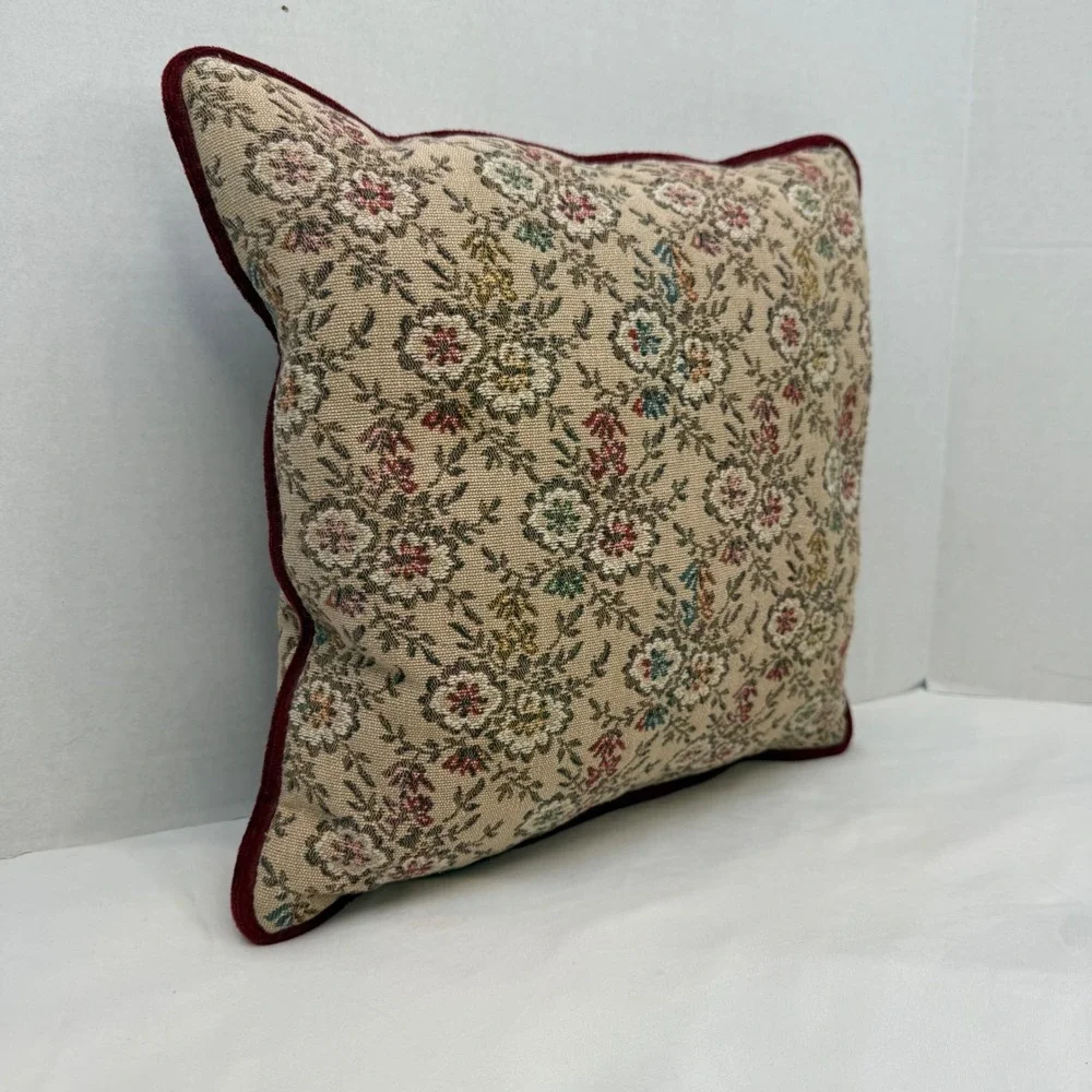 Vintage Floral Tapestry Throw Pillow Burgundy Velvet Piping Square Accent 15x15